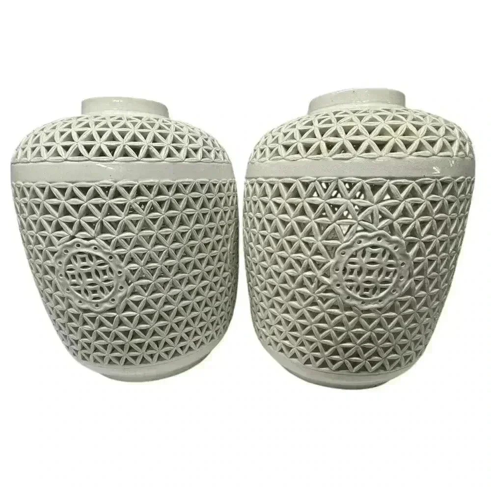 Pair of white majolica perforated Chinese Reticulated Porcelain Ceramic Vases